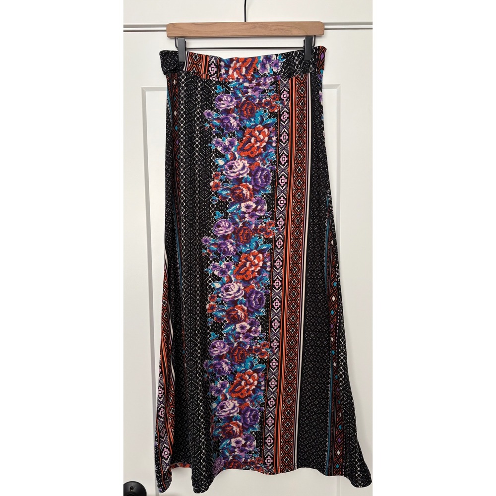 Earthy Grunge Whimsigoth Floral Geometric Maxi Skirt Black Orange Purple L/XL